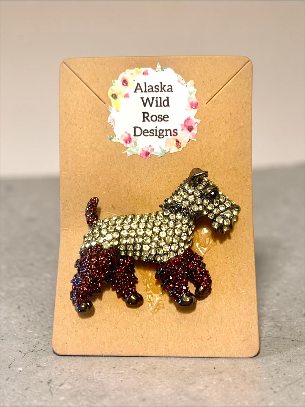 Sparkling Terrier Pin — Gold and Deep Red Broen Rhinestones